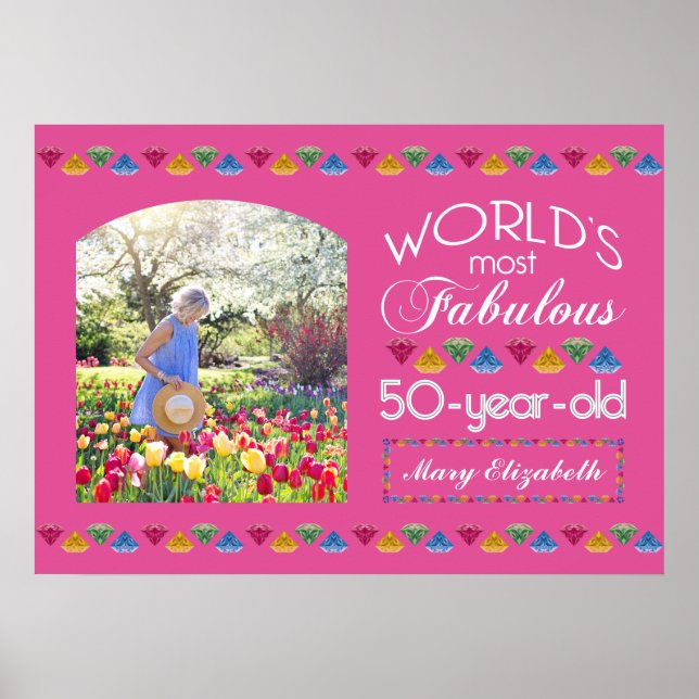 Póster Cumpleaños 50 Más Fabuloso Gems Rosa Tu Foto (Frente)