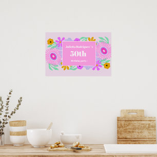 Póster cumpleaños 50 nombre moderno rosa floral chic lind