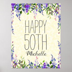 Póster Cumpleaños 50 Purple Watercolor Floral Amarillo