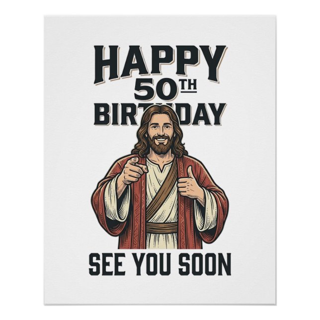 Póster Cumpleaños 50 te vemos pronto diseño de humor reli (Anverso)