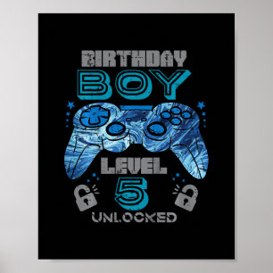 Póster Cumpleaños 5 niños Gamer Nivel 5 Desbloqueado Vide