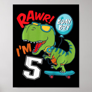 Póster Cumpleaños 5 niños niño de 5 años T-rex monopatín
