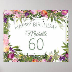 Póster Cumpleaños 60 con flores rosadas y púrpura Hojas v
