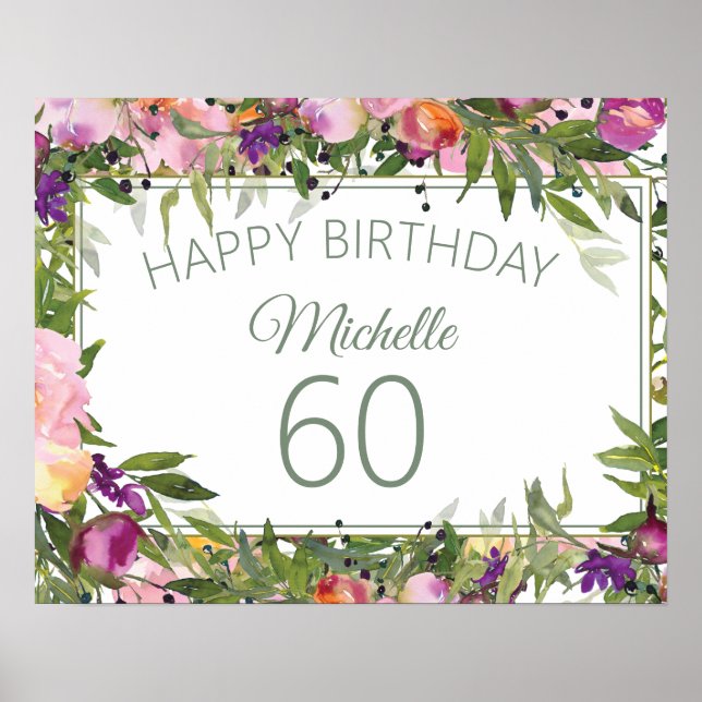 Póster Cumpleaños 60 con flores rosadas y púrpura Hojas v (Frente)