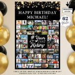 Póster Cumpleaños 62 Collages de fotos # Años en preparac<br><div class="desc">Celebre cualquier cumpleaños de edad para él o ella con una foto recuerdos mostrar poster impreso usando esta plantilla de collage de fotos fácil de subir con 62 imágenes cuadradas y rectangulares a través de los años en su elección de colores. El diseño presenta estrellas y luces de oro, tu...</div>