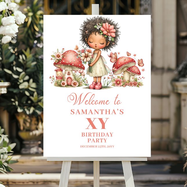 Póster Cumpleaños 6 de Hada Caprichosa Flores Rosadas Bie (Whimsy Fairy 6th Birthday Pink Flowers Welcome Sign)