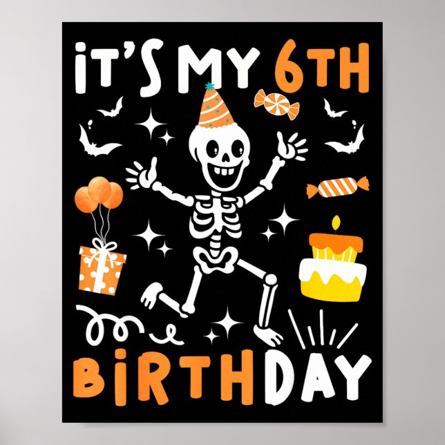 Póster cumpleaños 6 niños divertido esqueleto 6 cumpleaño (Frente)