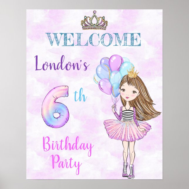 Póster Cumpleaños 6 Princesa Lavanda Turquesa (Frente)