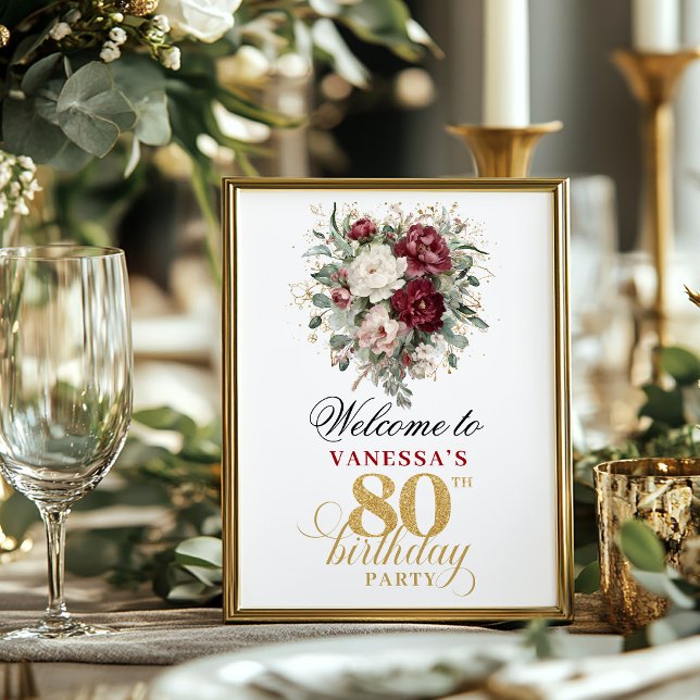 Póster Cumpleaños 80 floral eucalipto rubor 8x10 bienveni (Floral eucalyptus blush 80th birthday 8x10 welcome sign)