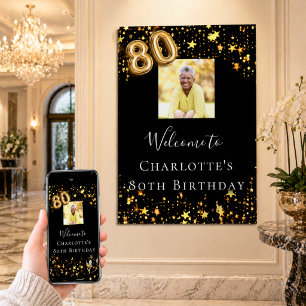 Póster cumpleaños 80 negro estrellas oro foto bienvenida