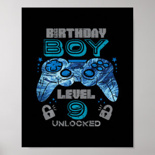 Póster Cumpleaños 9 niños Gamer Nivel 9 Desbloqueado Vide