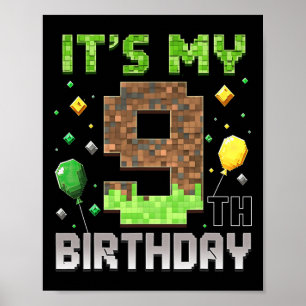 Póster Cumpleaños 9 niños Gamer Pixel 9 años videojuego