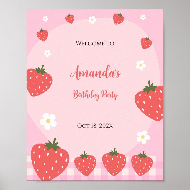 Póster Cumpleaños Adorable de Fresa Rosa (Frente)