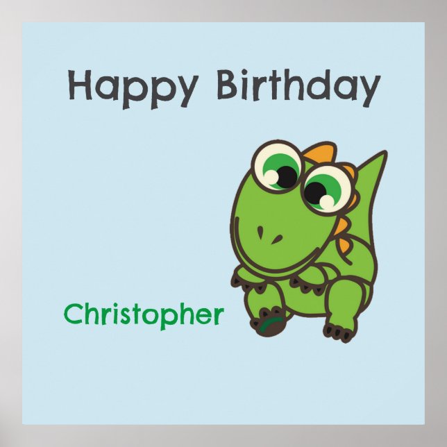 Póster Cumpleaños azul dinosaurios verdes lindos personal (Frente)