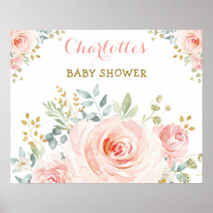 Póster Cumpleaños Bebé Niña Flores Rosadas Doradas Chic