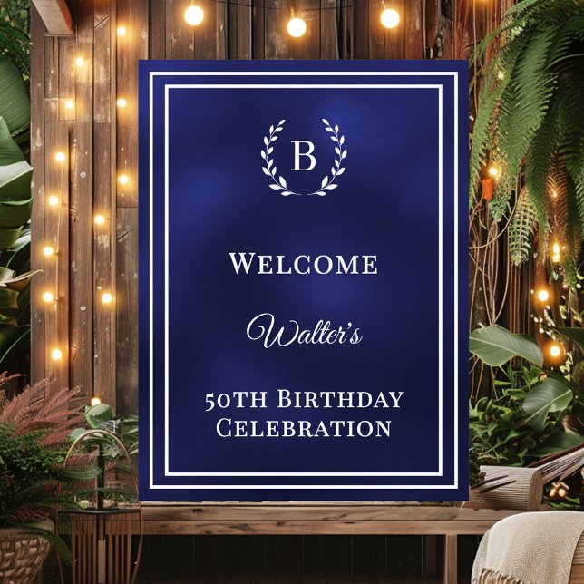 Póster Cumpleaños bienvenida elegante monograma azul mari (Subido por el creador)