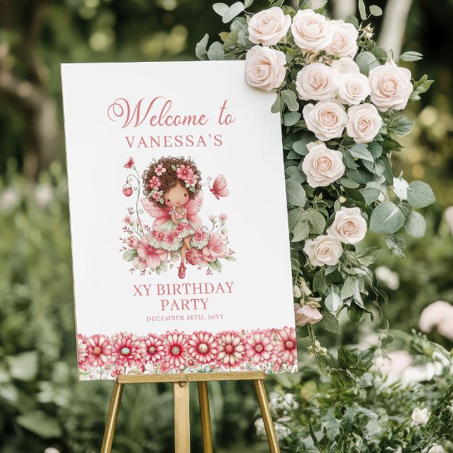 Póster Cumpleaños Bienvenida Hada Rosa Pastel Lindo Flora (Pastel Pink Fairy Cute Floral 2nd Birthday Welcome Poster)