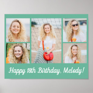 Póster Cumpleaños Chic Feliz Colaje de Fotos Verde Aguama