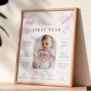 Póster Cumpleaños con lazo rosa, hito del primer año