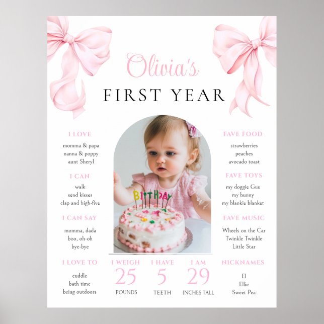 Póster Cumpleaños con lazo rosa, hito del primer año (Frente)