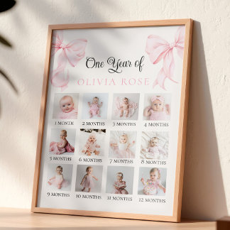 Póster Cumpleaños con tablero de fotos mensual de lazo ro