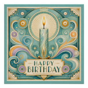 Póster Cumpleaños con Vela Iluminada Art Déco