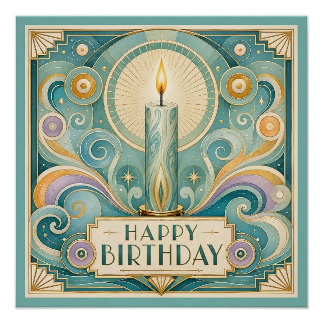 Póster Cumpleaños con Vela Iluminada Art Déco (Anverso)
