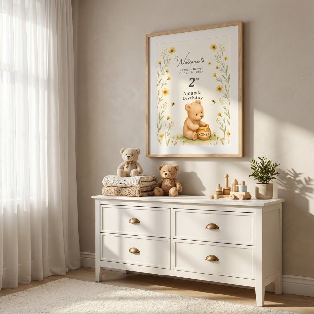 Póster Cumpleaños de Bebé Floral Honey Bear (Subido por el creador)