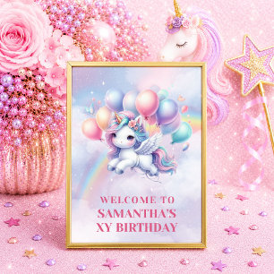 Póster Cumpleaños de bienvenida de unicornio rosa púrpura