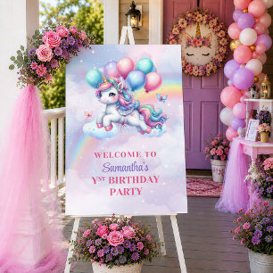 Póster Cumpleaños de bienvenida de unicornio rosa púrpura
