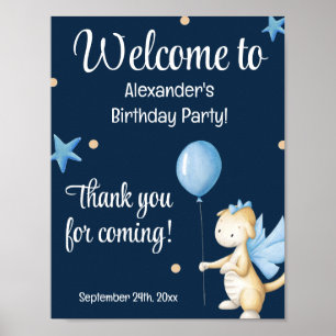 Póster Cumpleaños de Bienvenida Dragón y Globo Azul Marin