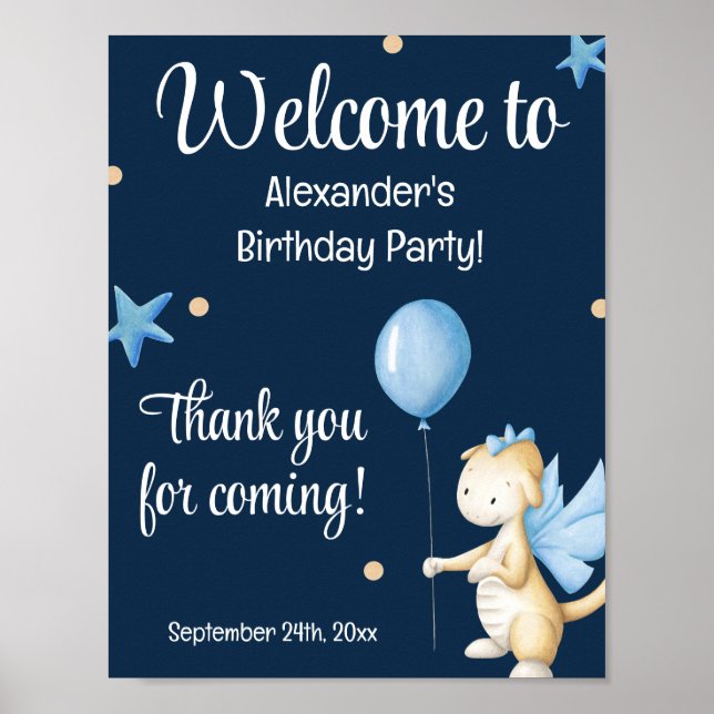 Póster Cumpleaños de Bienvenida Dragón y Globo Azul Marin (Frente)