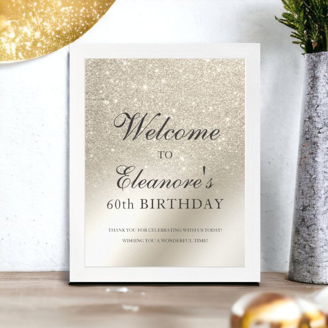 Póster cumpleaños de bienvenida metálica de purpurina de  (pearl ivory glitter metallic welcome birthday poster)