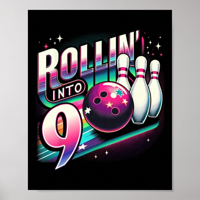 Póster Cumpleaños de bolos rodando en 9 fiesta cumpleaños (Frente)