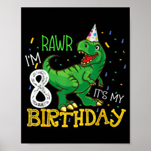 Póster Cumpleaños de dinosaurio 8 años niño niña cita div