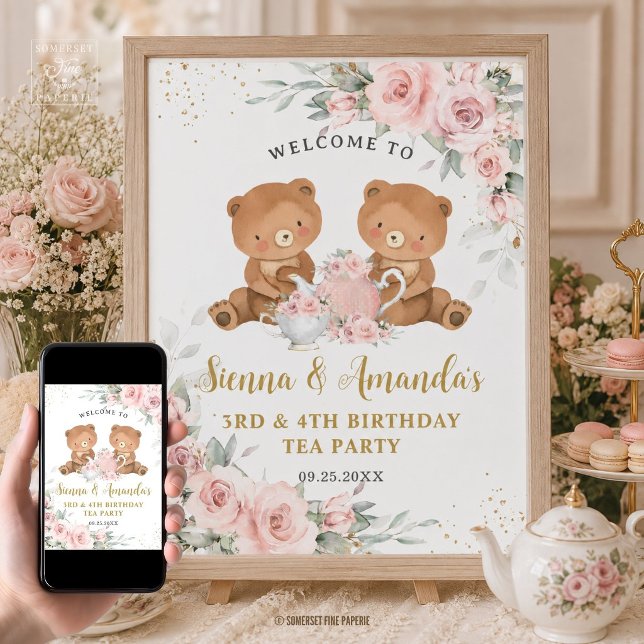 Póster Cumpleaños de fiesta de té de ositos de flores ros (teddy bears tea party blush floral joint birthday welcome sign poster digital download )