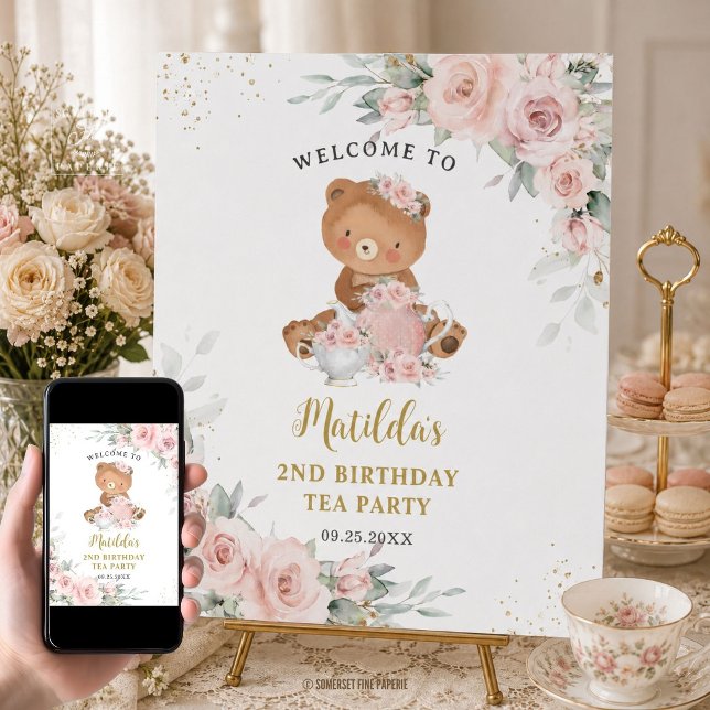Póster Cumpleaños de fiesta de té de oso de peluche flora (teddy bear birthday tea party welcome poster sign printed and digital download pretty pink floral )