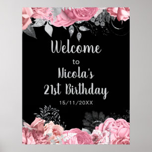Póster Cumpleaños de flores rosadas y plateadas elegantes