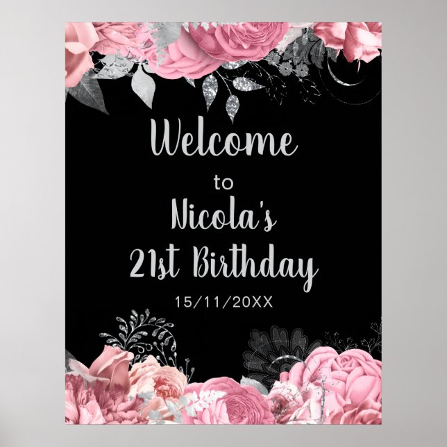 Póster Cumpleaños de flores rosadas y plateadas elegantes (Frente)