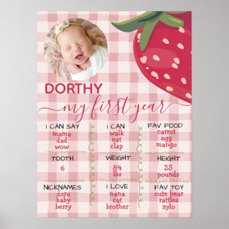 Póster Cumpleaños de Fresa con Cuadro de Gingham Rosa Pri