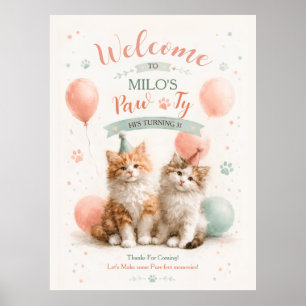 Póster Cumpleaños de gato con kitten de acuarela adorable
