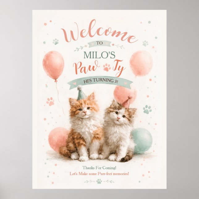 Póster Cumpleaños de gato con kitten de acuarela adorable (Frente)