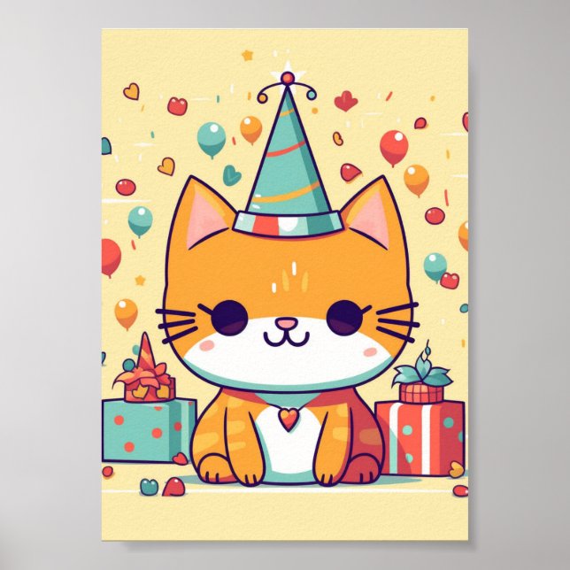 Póster Cumpleaños de gato de fiesta lindo,  (Frente)