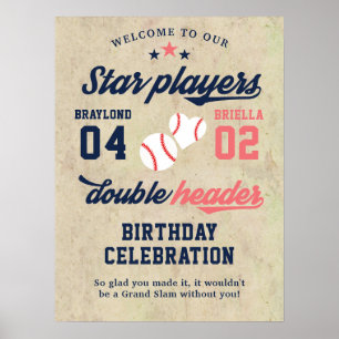 Póster Cumpleaños de gemelos o hermanos con doble partido