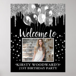 Póster Cumpleaños de Glitter Plateado con Globos