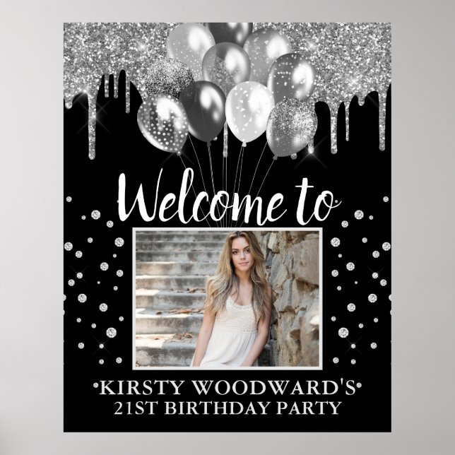 Póster Cumpleaños de Glitter Plateado con Globos (Frente)