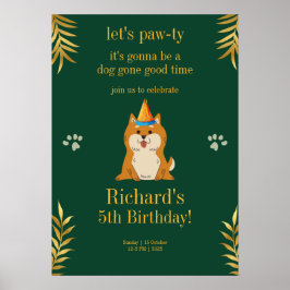 Póster Cumpleaños de Golden Green Puppy Dog