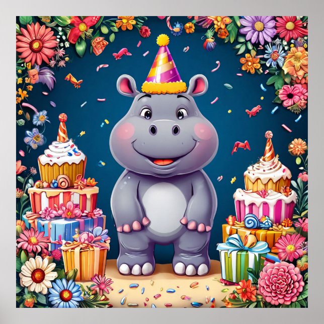 Póster 🎉 Cumpleaños de hipopótamo lindo Cartel Tarta Glo (Frente)