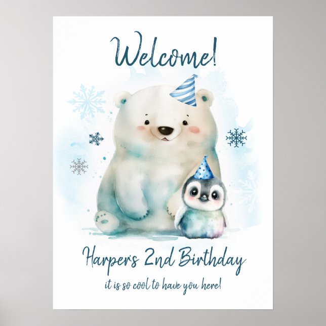 Póster Cumpleaños de Invierno de Pingüino y Oso Polar (Frente)