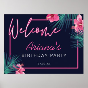 Póster Cumpleaños de la Bienvenida Tropical Neon Pink Elé